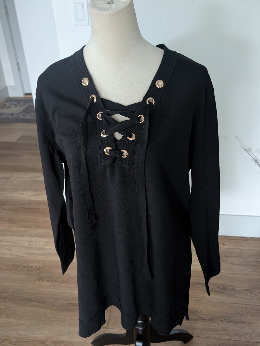 INC International Concepts Black Lace-Up V-Neck Sweater